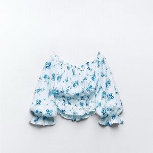 Zara Blue and White Ruched Crop Blouse